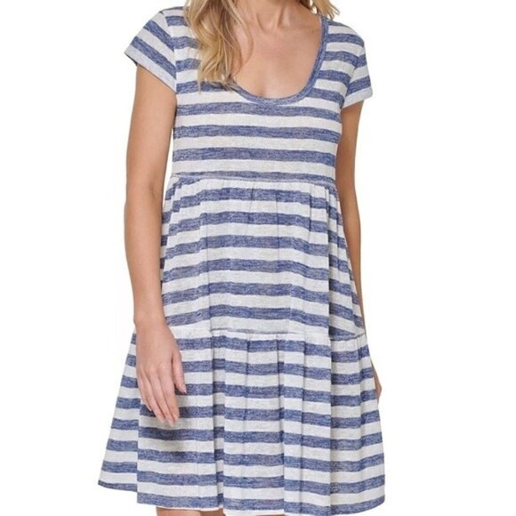 TOMMY HILFIGER Cap Sleeve Dress Cover-Up Swimsuit-Gray Blue Stripe Wide Burnout - Picture 1 of 4